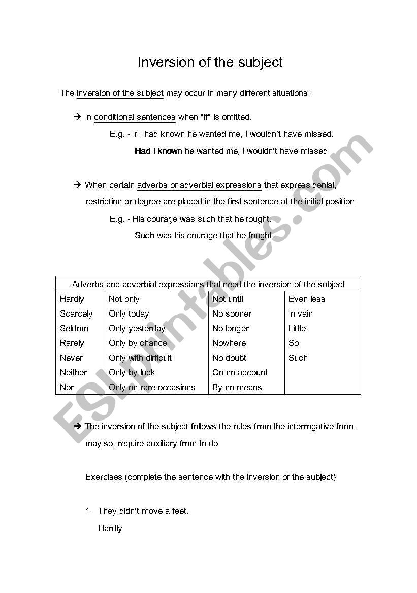 Inversion of the subject worksheet