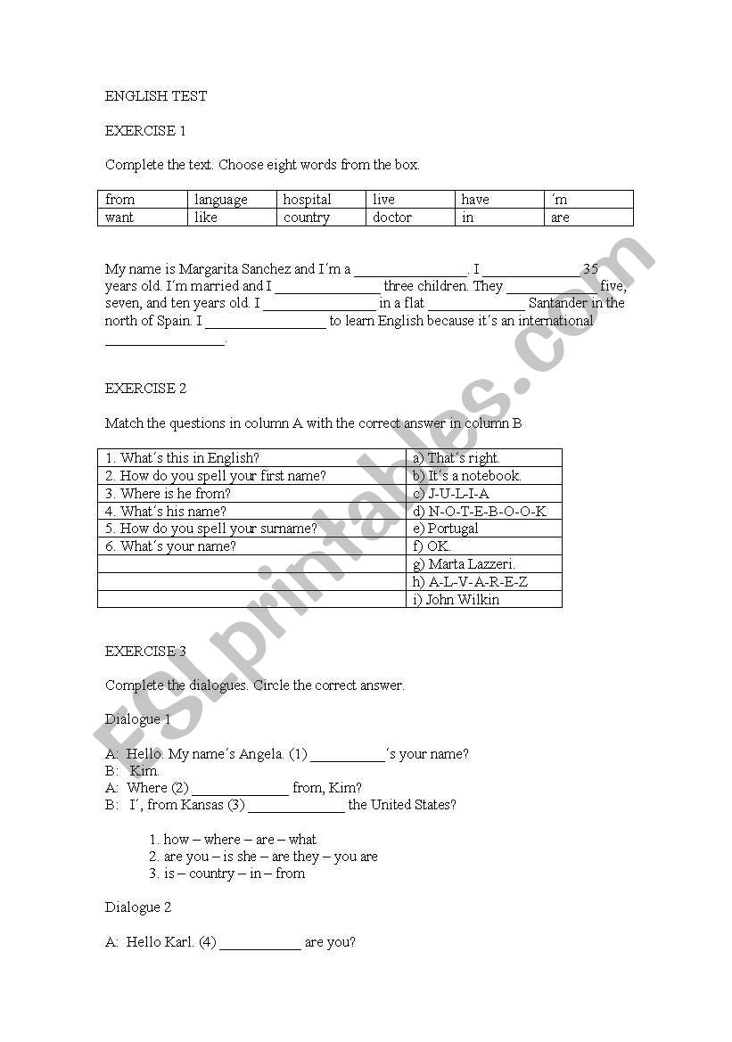 English test worksheet
