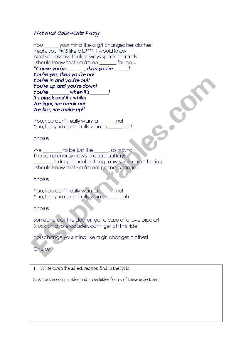 Hot and Cold- Kate Perry worksheet