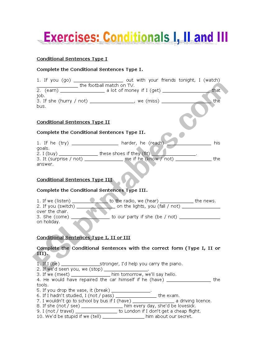 Conditionals Type I, II and III