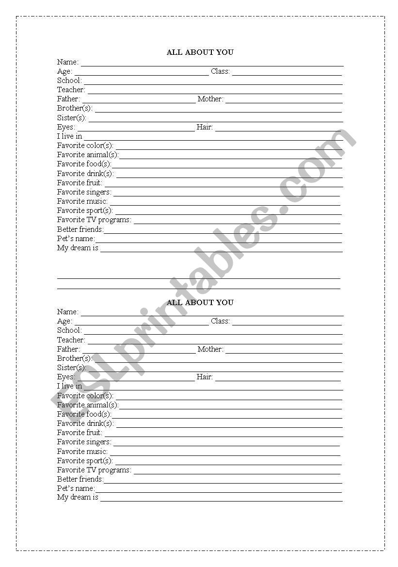 All about you worksheet