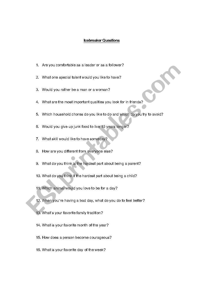 Icebreaker Questions worksheet