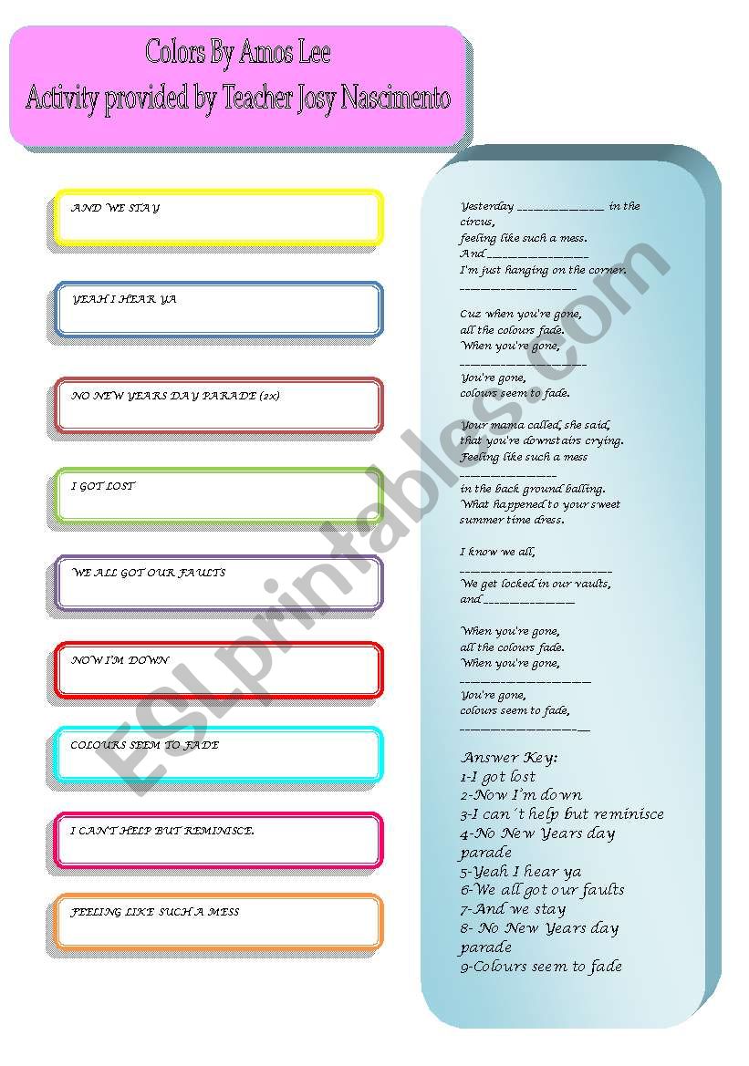 Colors-Song By Amos Lee worksheet