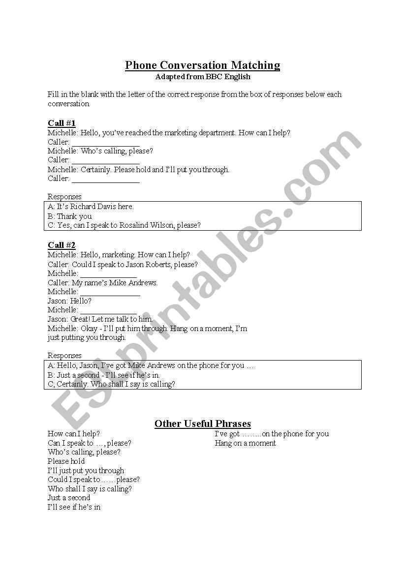 Phone Conversation Matching worksheet