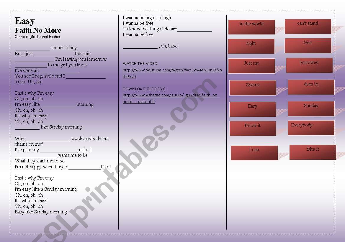 SONG: Easy - Faith No More worksheet