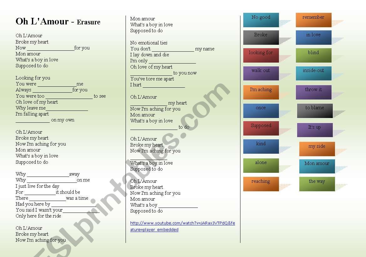 SONG: Oh LAmour - Erasure worksheet