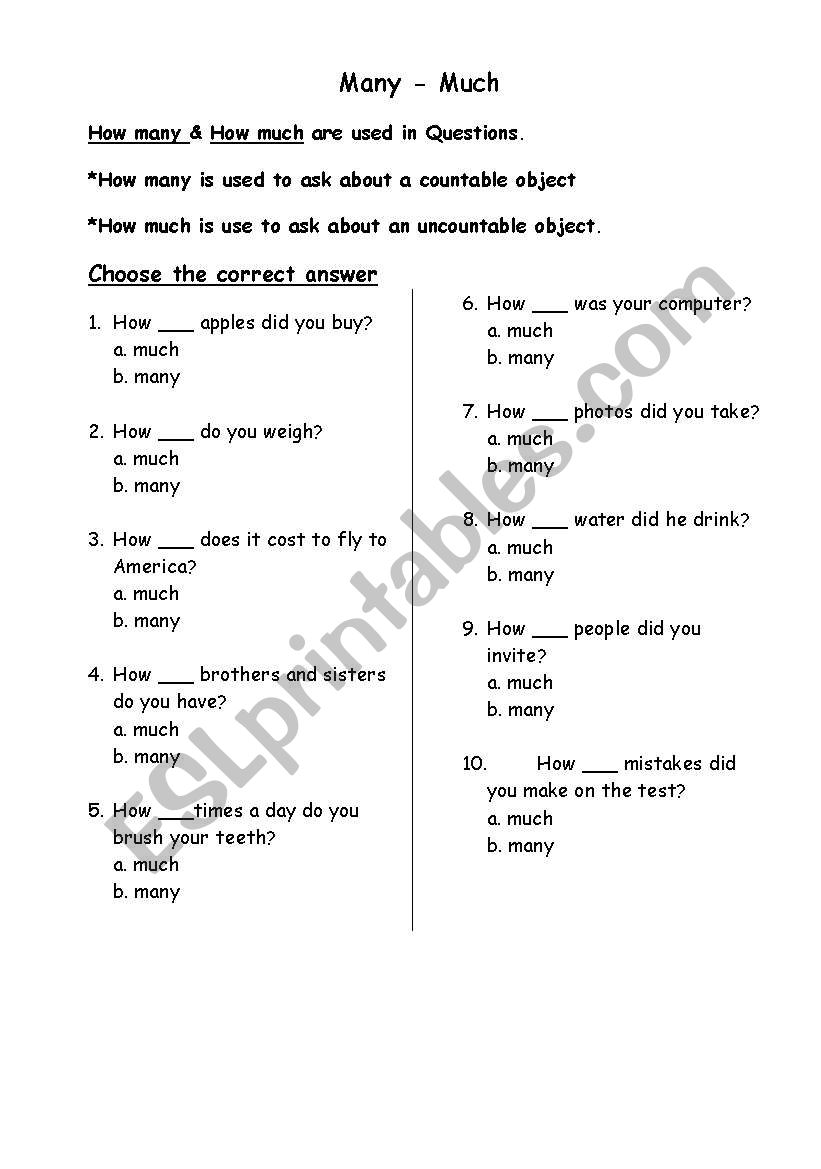 Many - Much worksheet