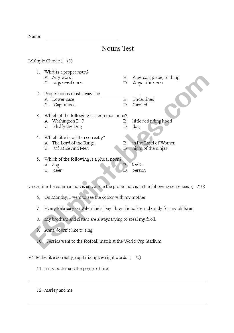 General Nouns Review Test (common, proper, plural, and possessive nouns)