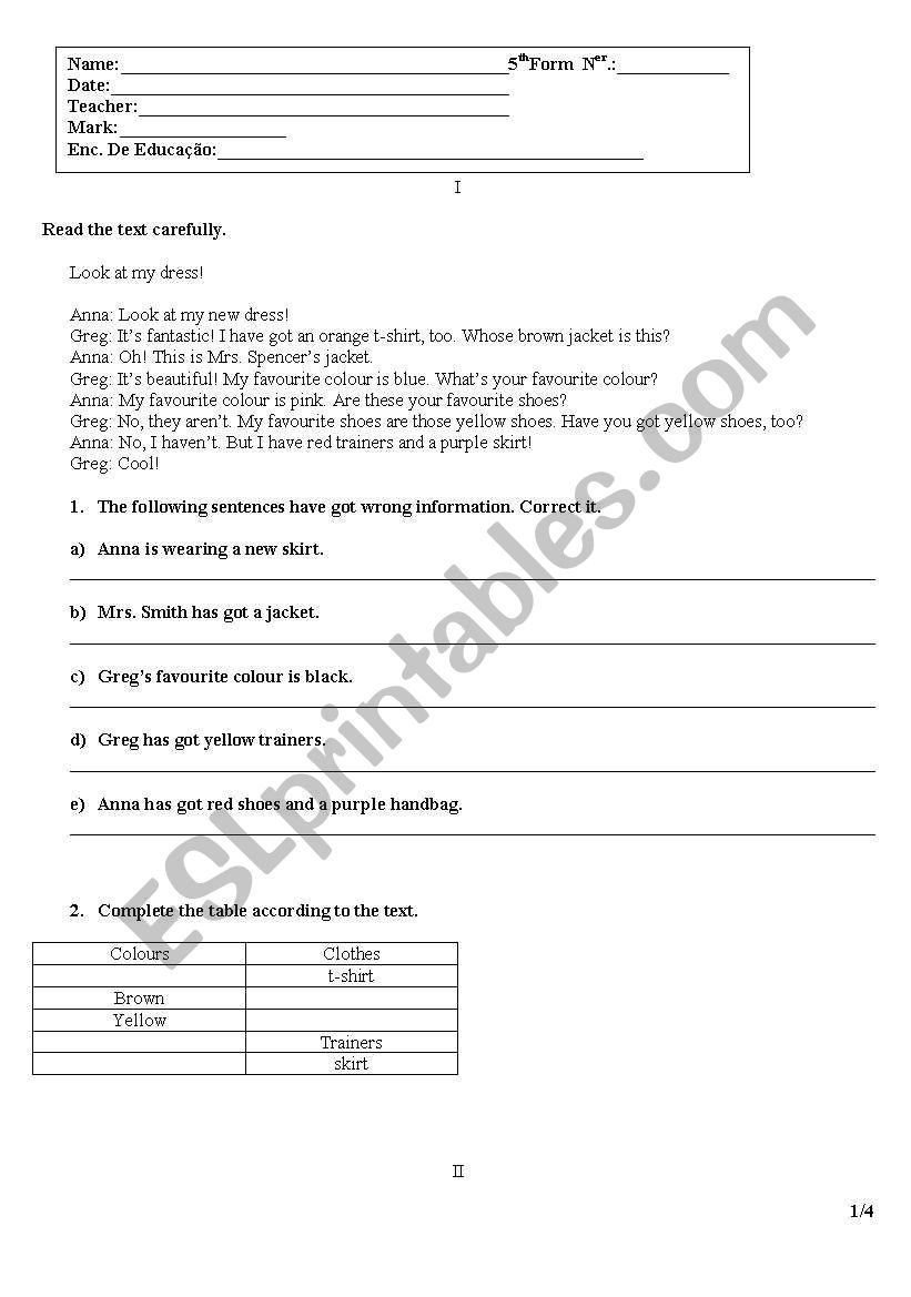 English test worksheet