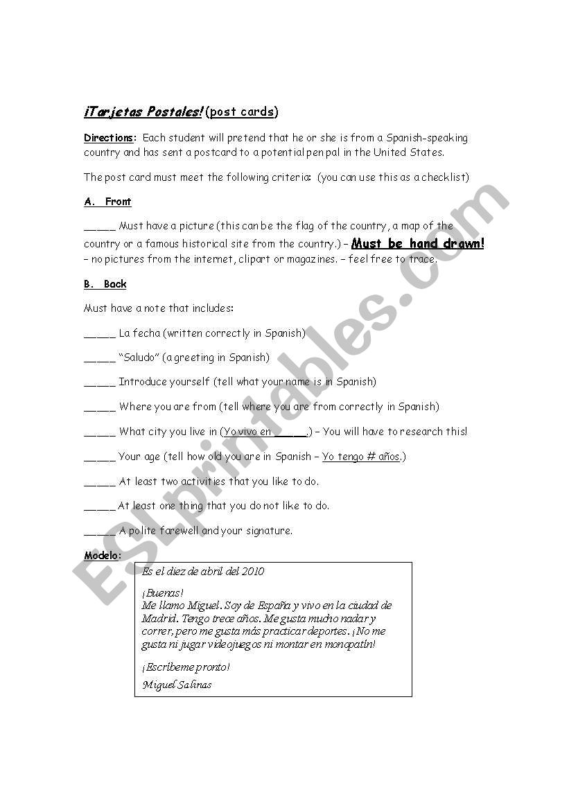 Likes and Dislikes Postcard worksheet