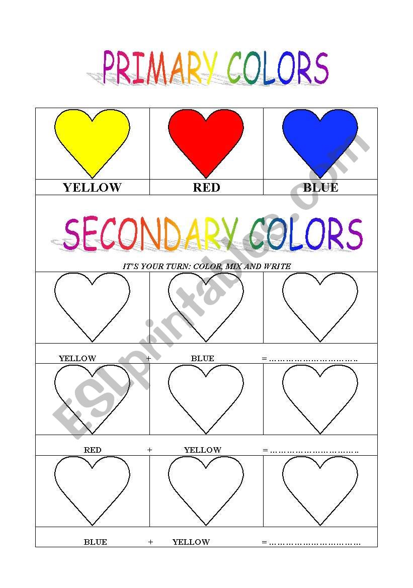 English worksheets PRIMARY AND SECONDARY COLORS