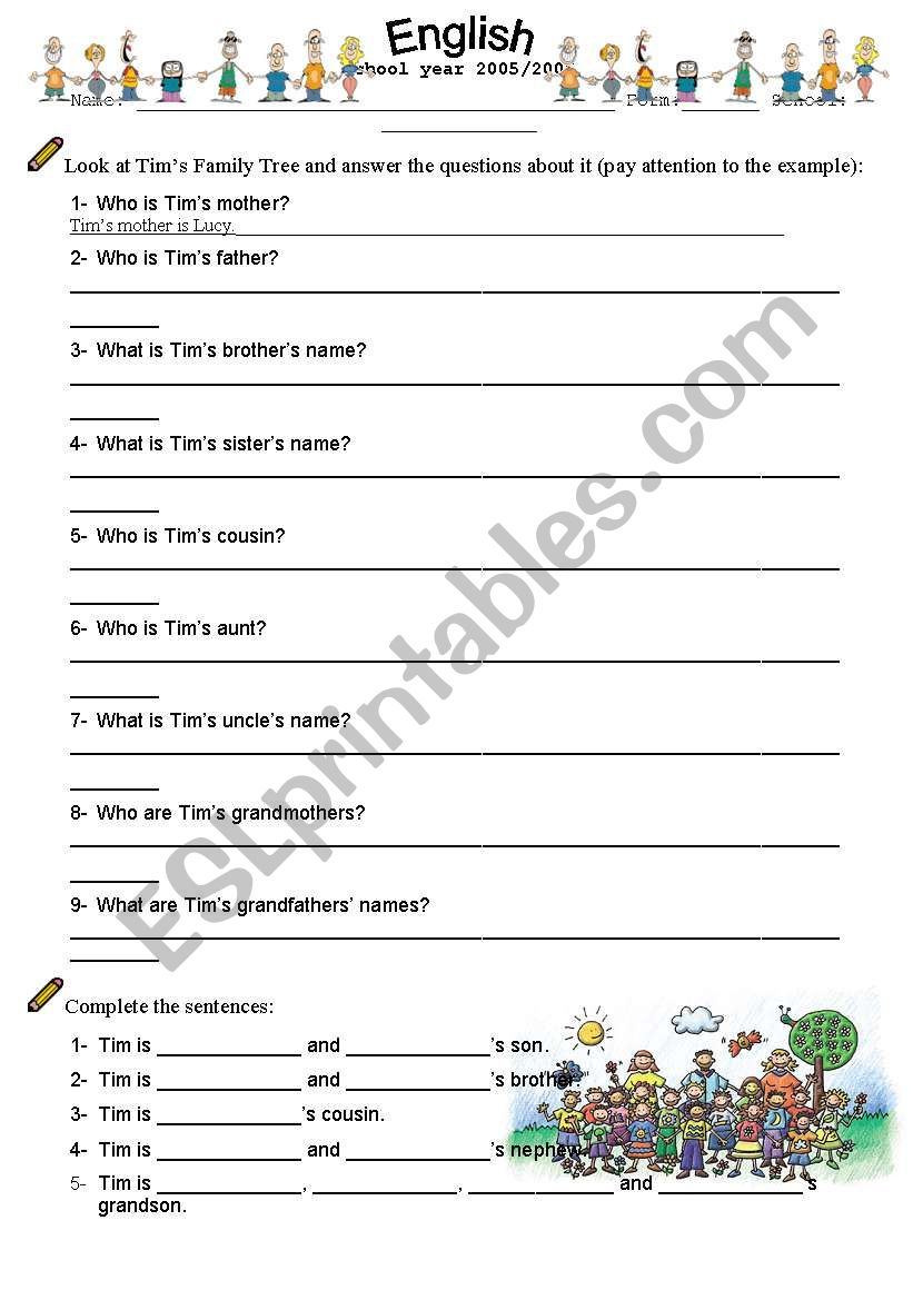 Tims Family Tree worksheet