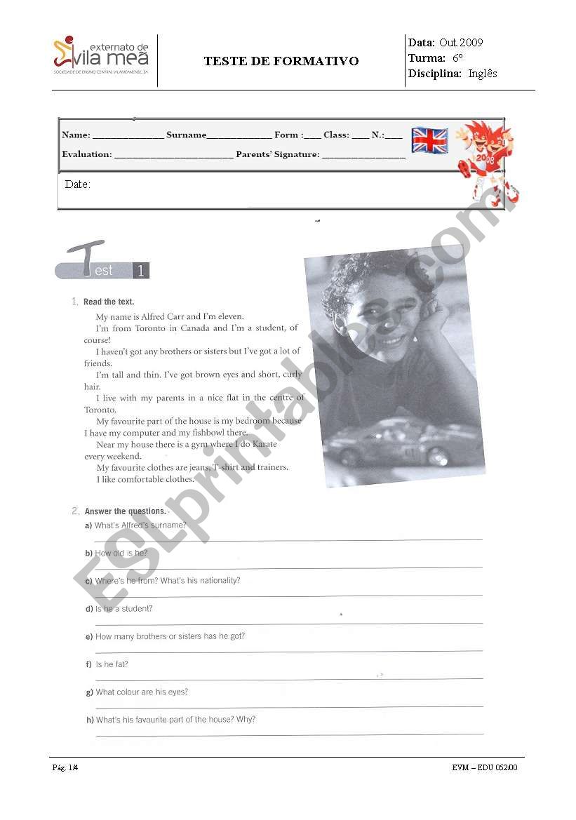 formative test worksheet