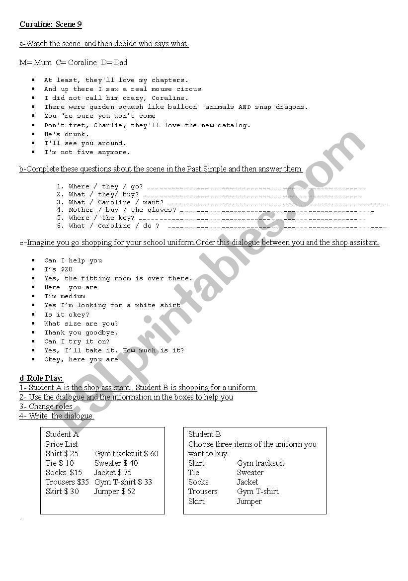 Coraline Scene 9 worksheet