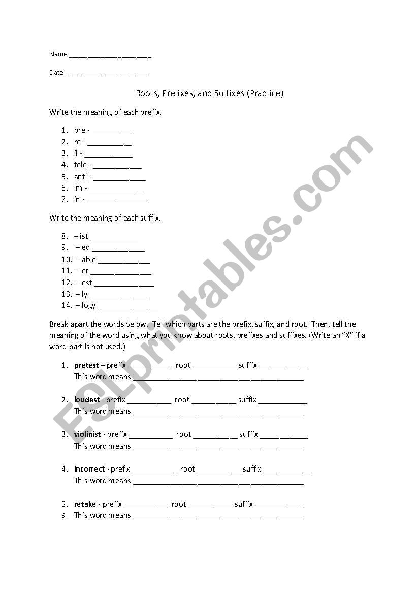 Roots, Prefixes, Suffixes Practice