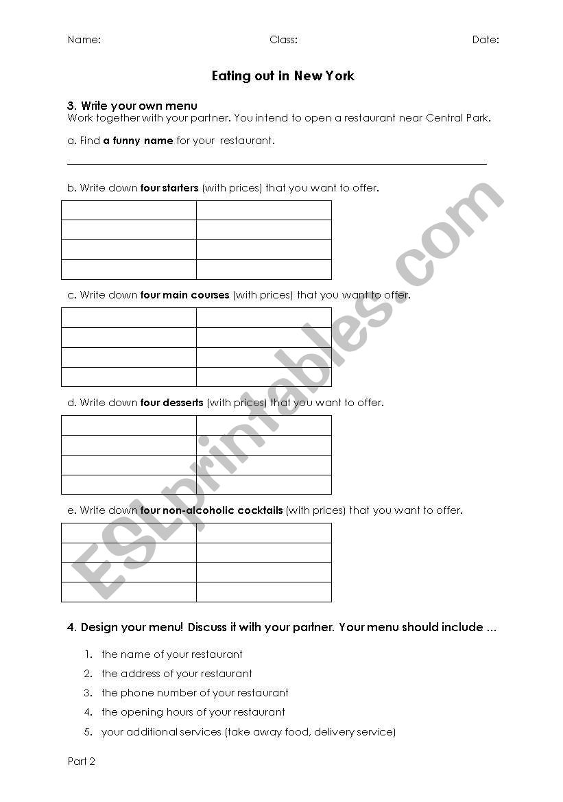 Eating out in New York (1) worksheet