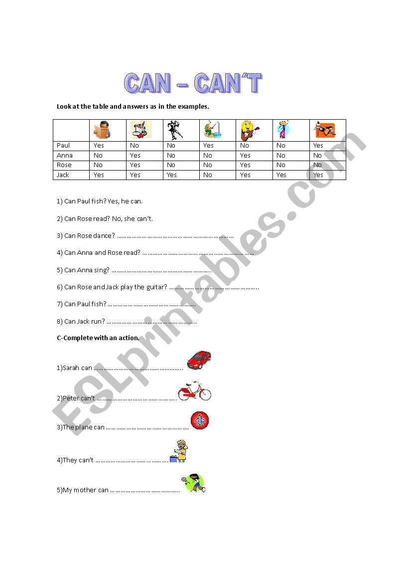 CAN -CANT worksheet