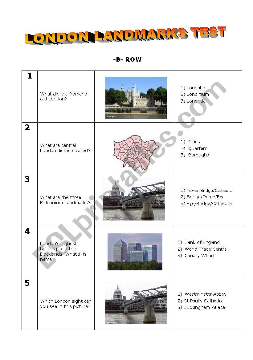 LONDON LANDMARKS TEST - B Row worksheet