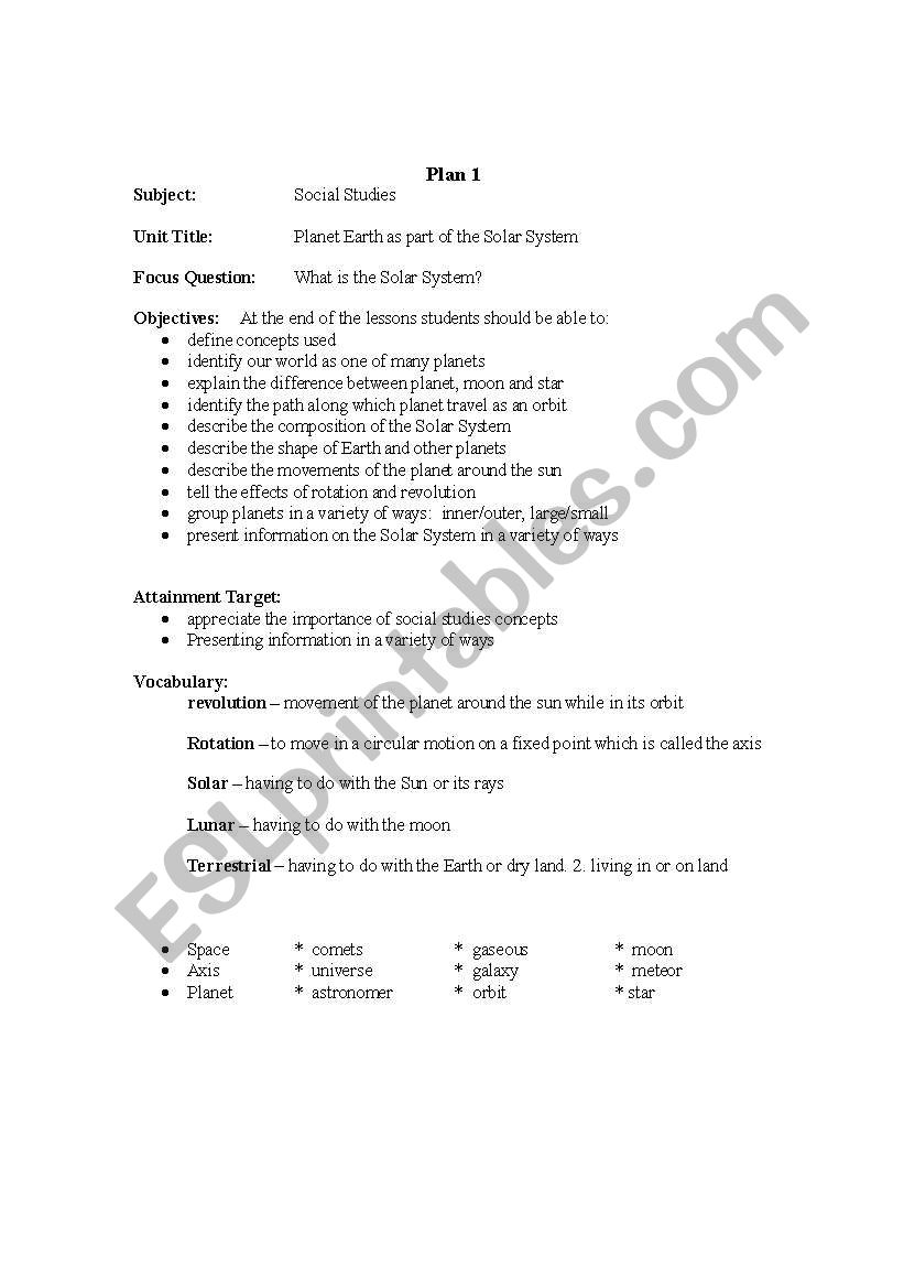 Social Studies Plans worksheet
