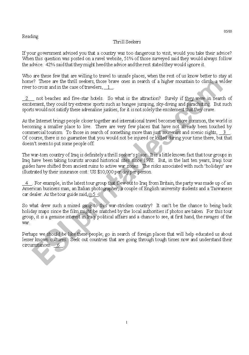 Thrill Seekers worksheet