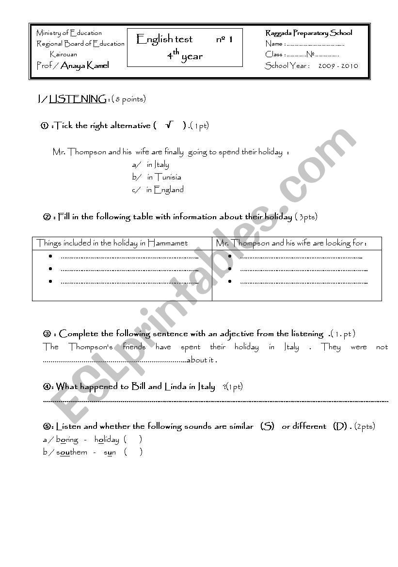 mid- term test N1 4th year tunisian students