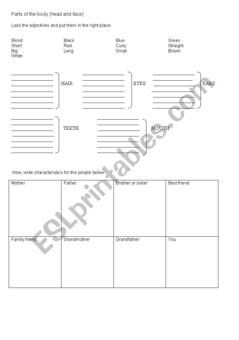 Parts of the body (face) worksheet