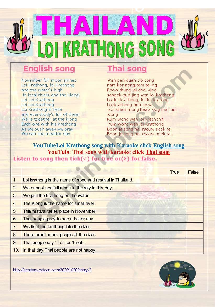 Loi Krathong song worksheet