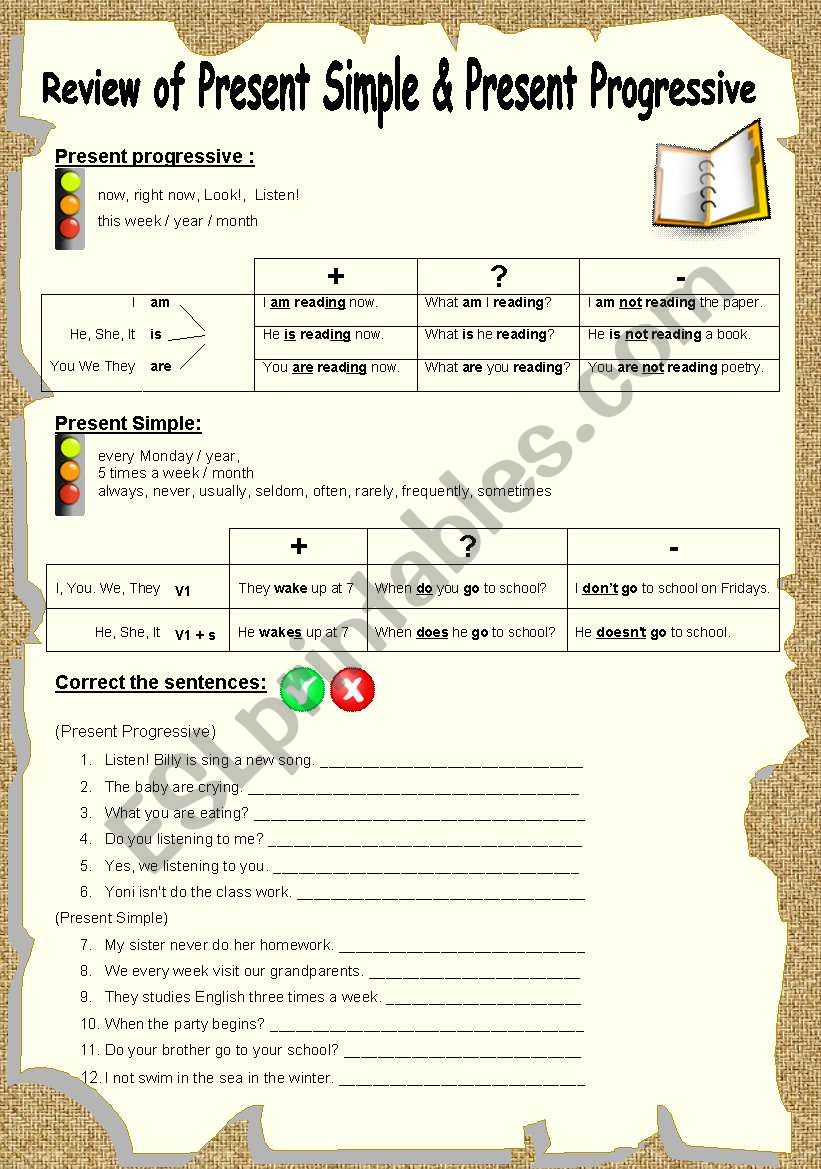 review of present simp & prog worksheet