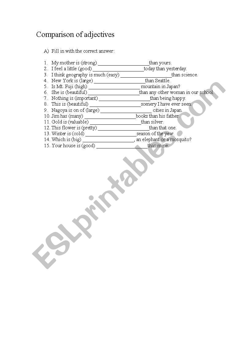 Comparison of adjectives worksheet