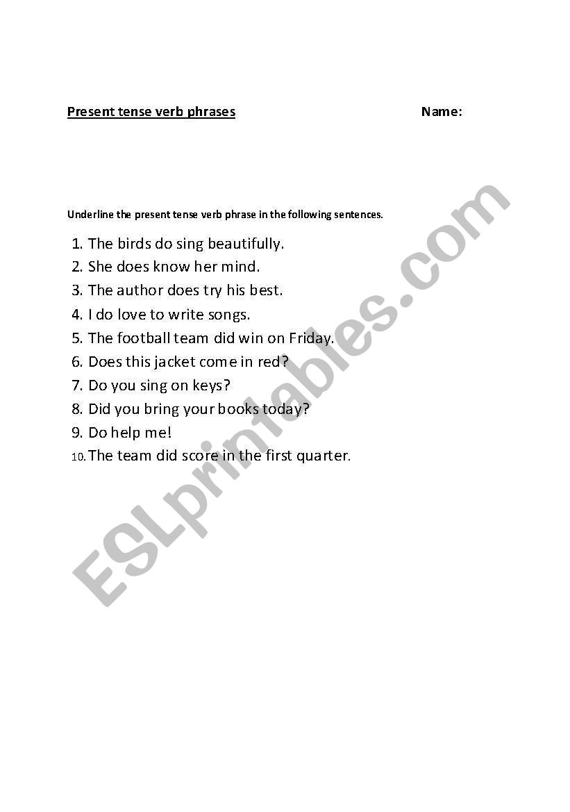 Present tense verb phrases worksheet