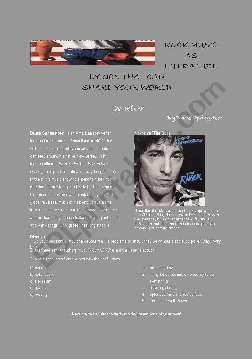 Bruce Springsteen - The River worksheet