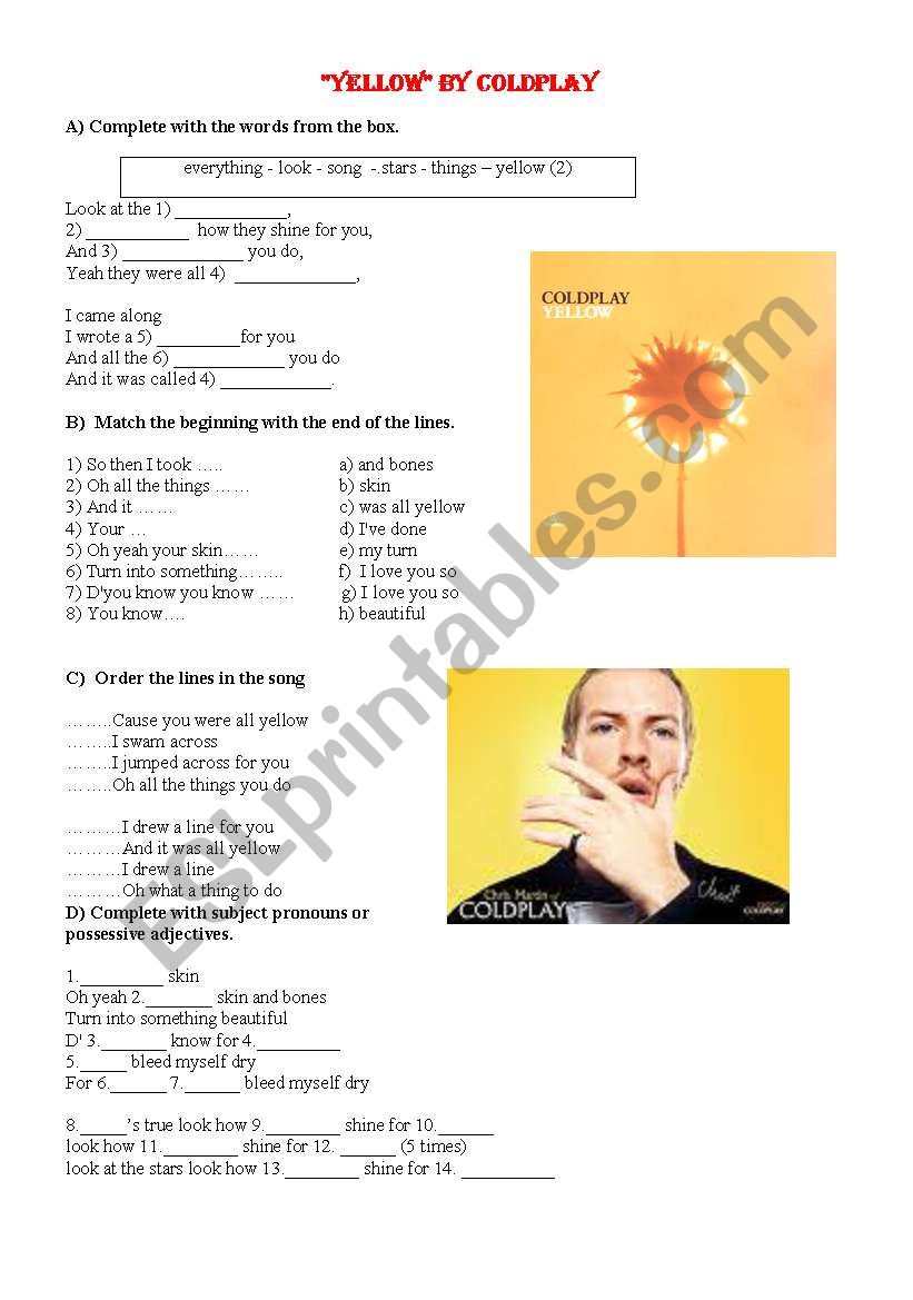 Song YELLOW BY COLDPLAY worksheet