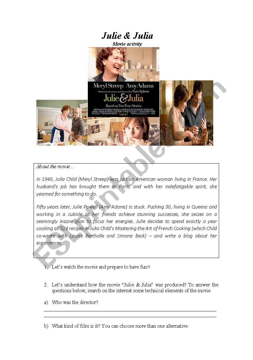 Movie class - Julie & Julia worksheet