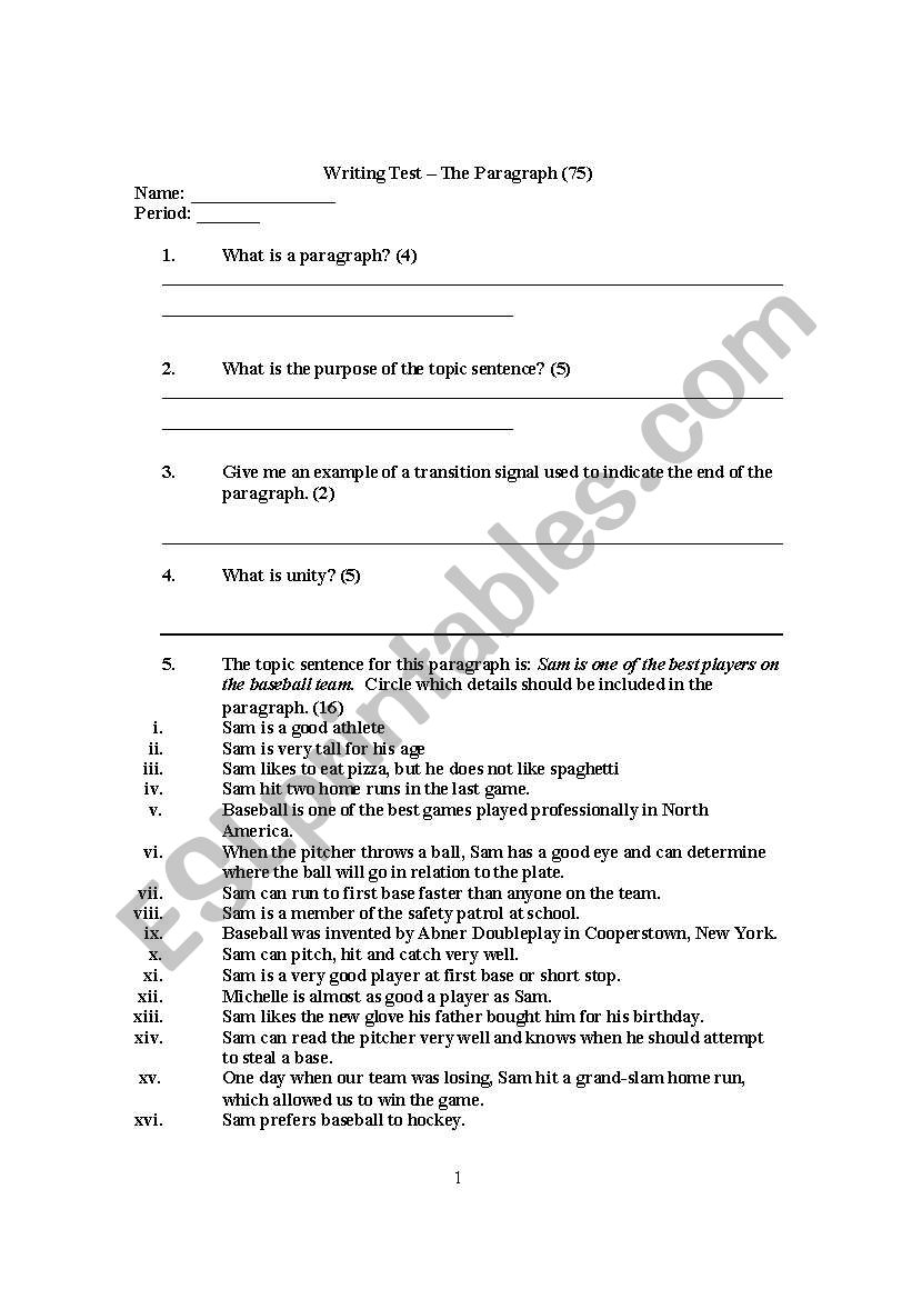 Paragraph and Essay Structure Test