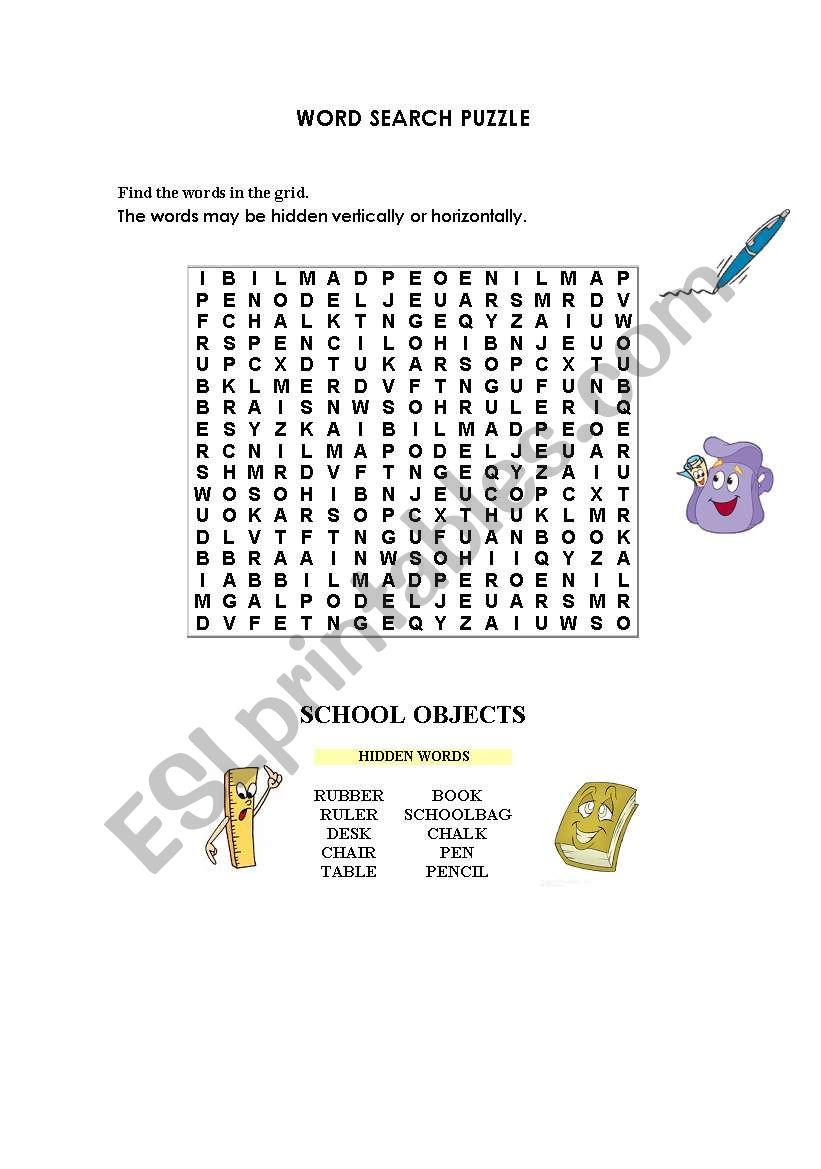 School objects crossword worksheet