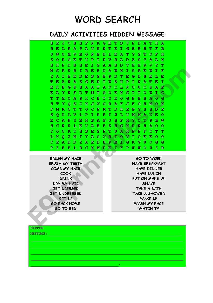 WORD SEARCH DAILY ACTIVITIES HIDDEN MESSAGE