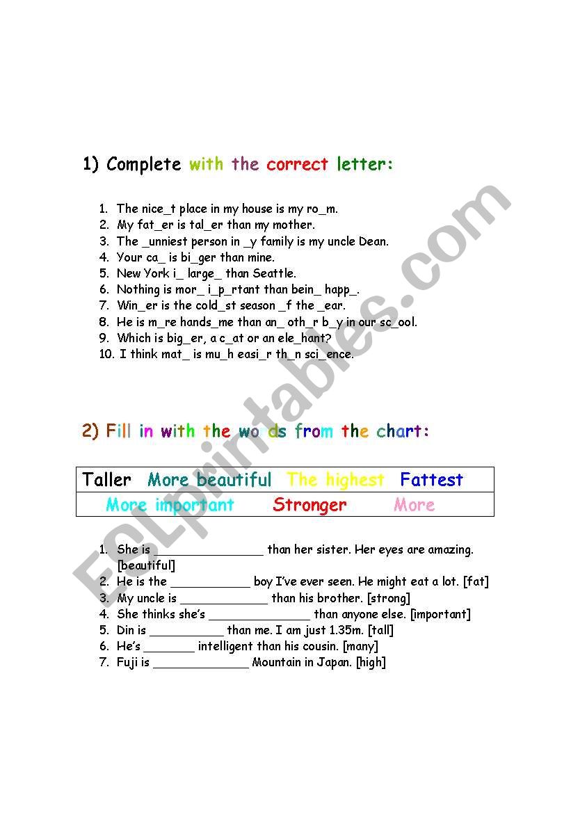 Comparison of adjectives worksheet