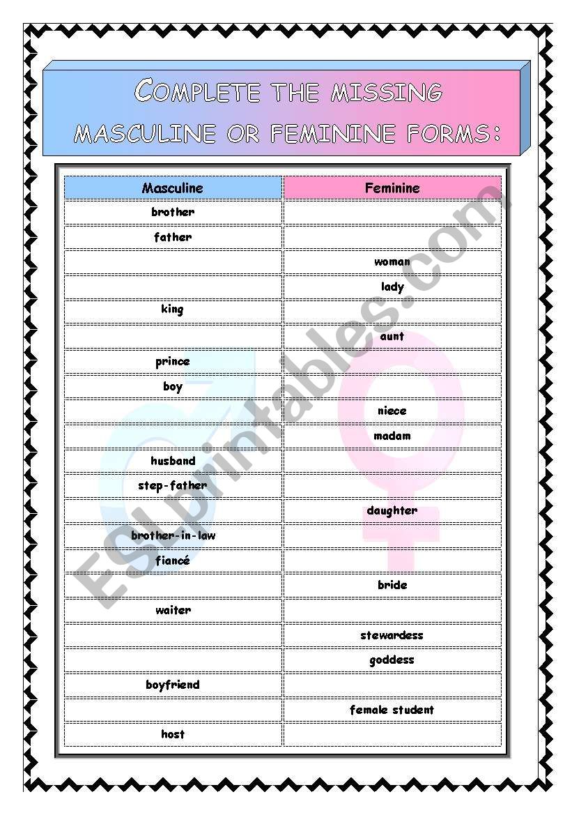 Gender vocabulary – 4 pages.