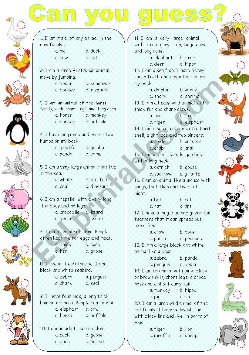Can you guess? ( animals ) - ESL worksheet by sweetdreamja