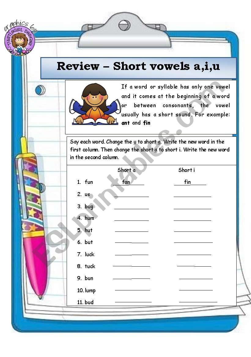 Short a, i, u worksheet