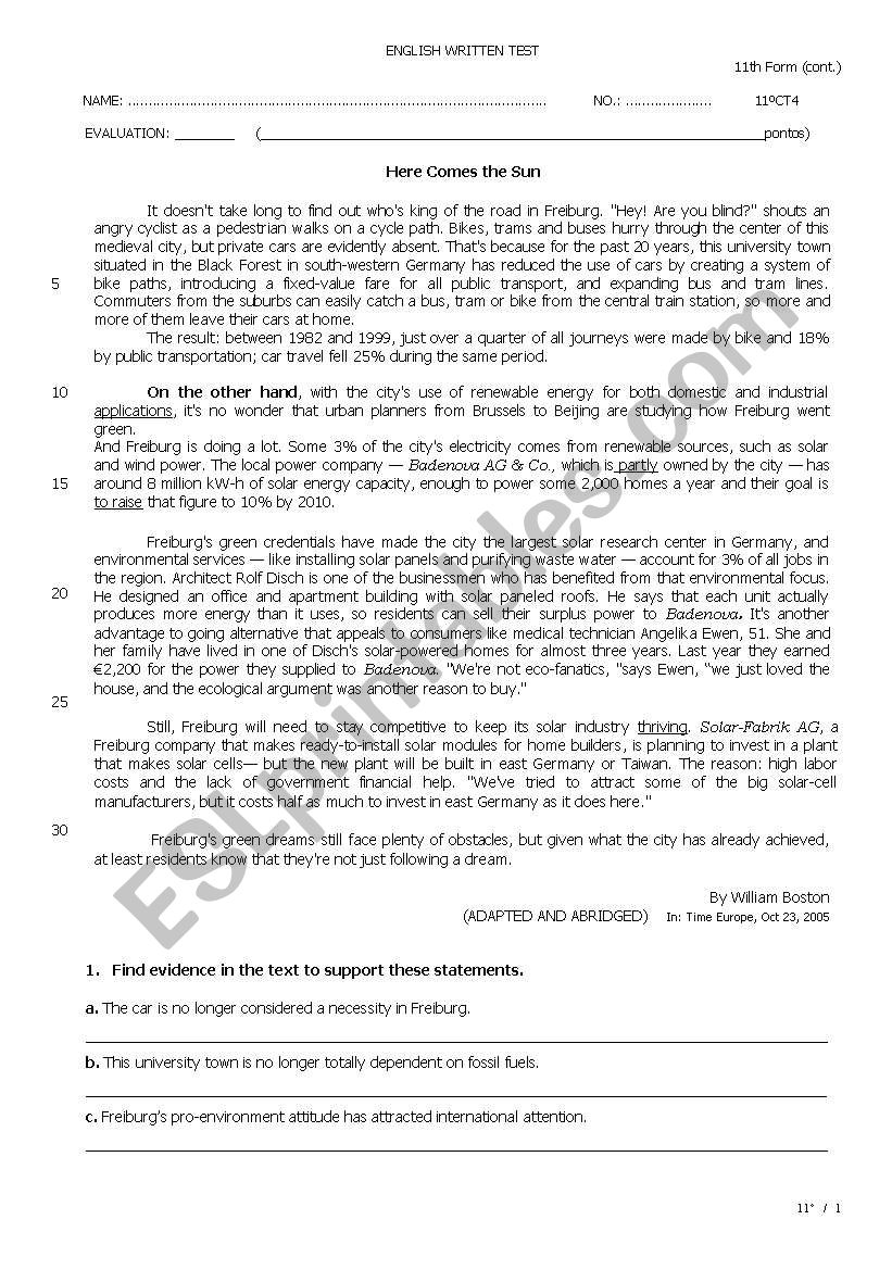 Freiburg - A Solar city worksheet