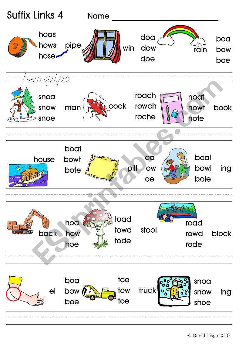 Suffix Links 3 oa ow oe o_e: phonics worksheet (colour and B & W) updated