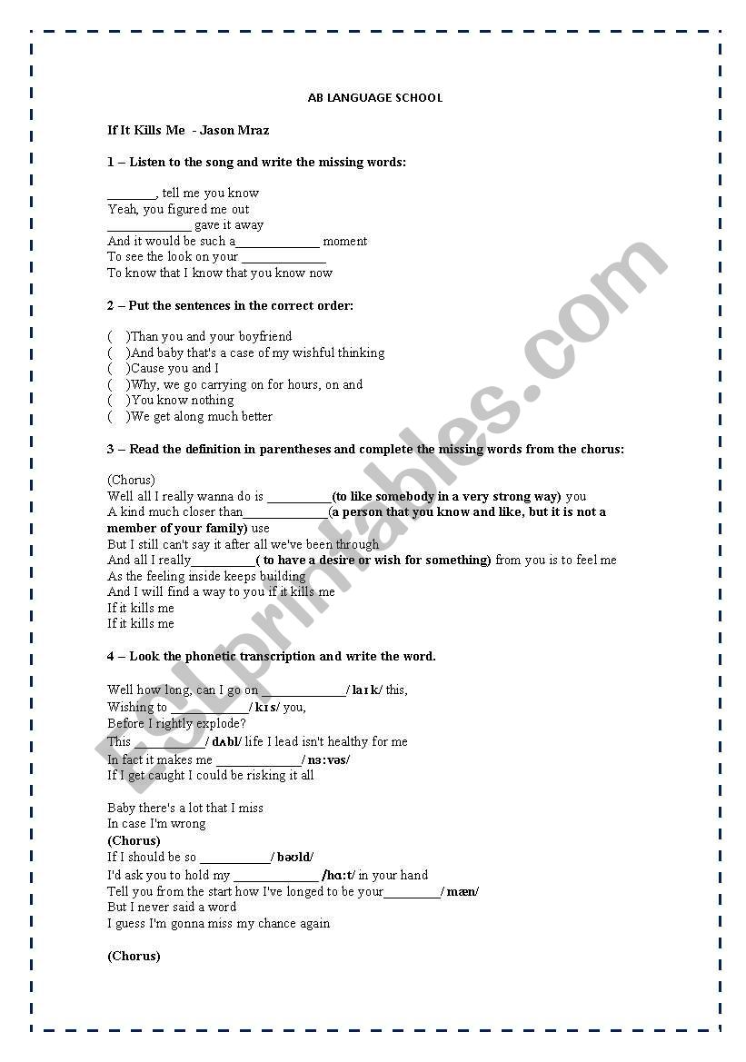 If it kills me - Jason Mraz worksheet