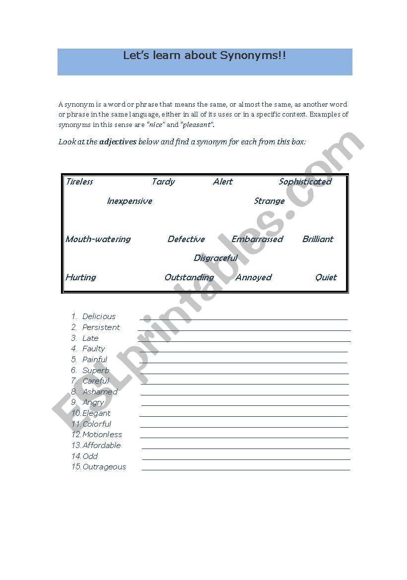 Synonyms worksheet