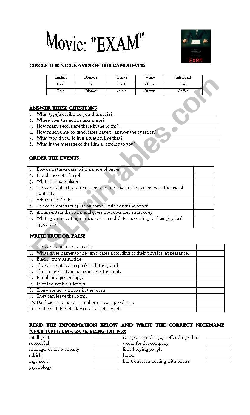 Movie: EXAM (2010) worksheet