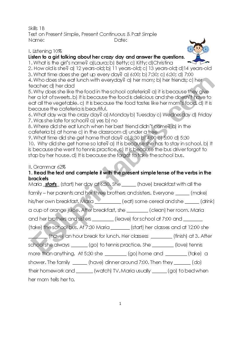 Test on Present Simple, Present Continuous & Past Simple