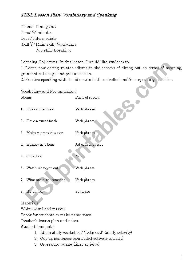 Dining Idioms Lesson Plan worksheet Dining Idioms Lesson Plan worksheet