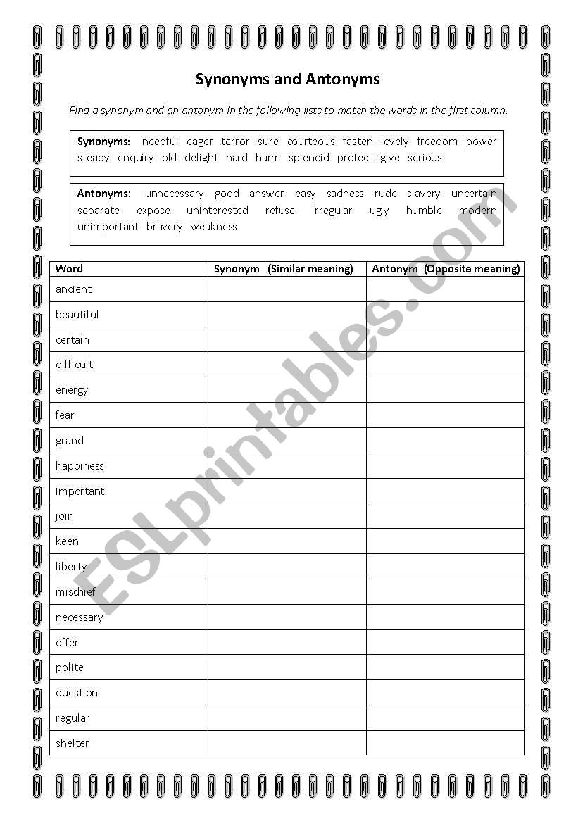 Synonyms and Antonyms worksheet