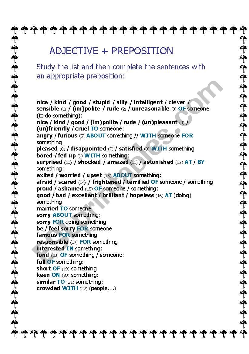 ADJECTIVE+PREPOSITION worksheet