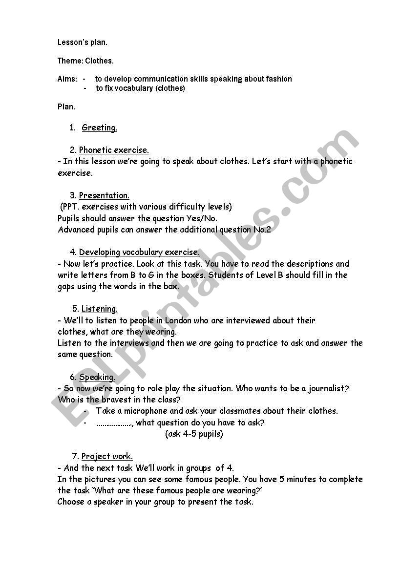 lesson Clothes worksheet